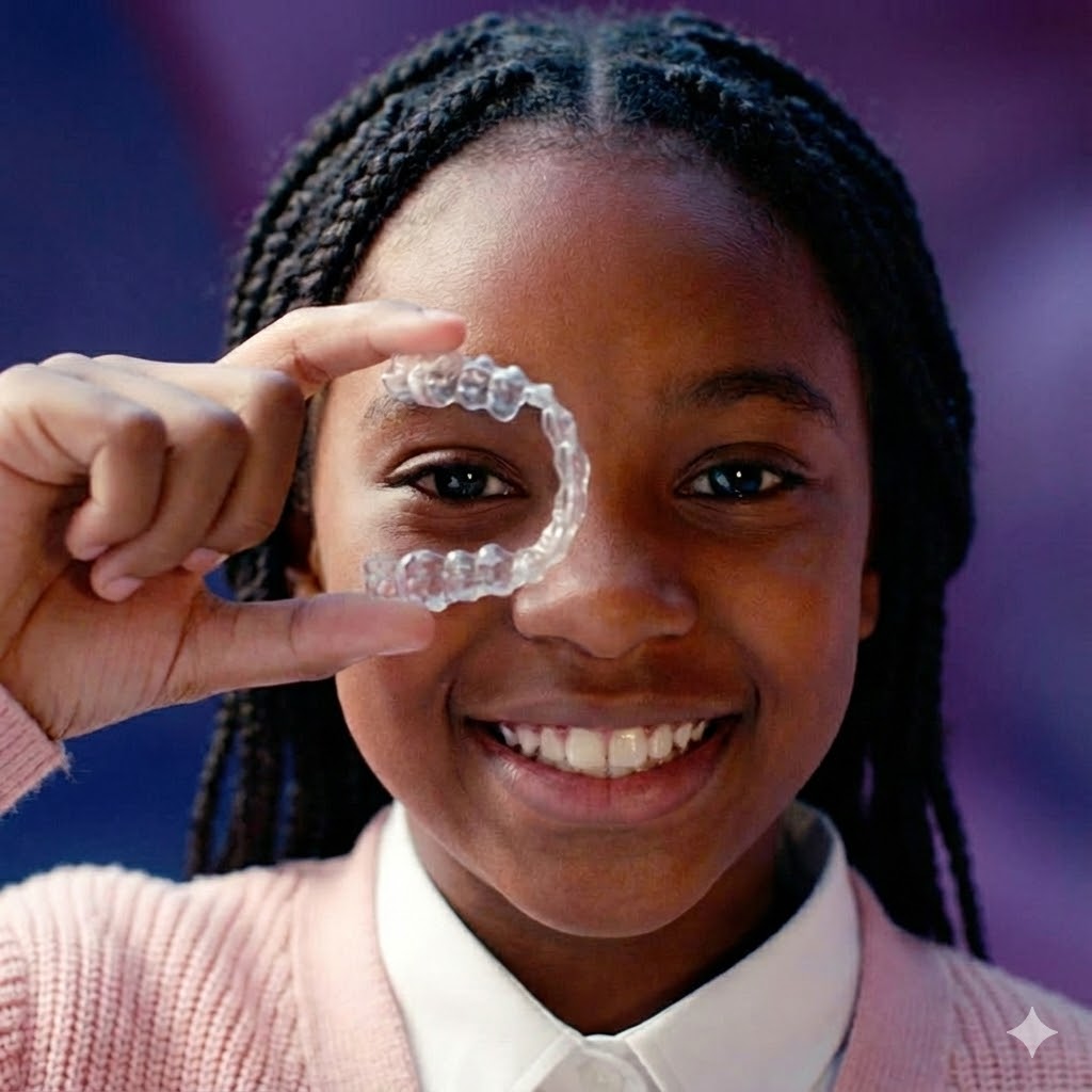 Criança usando alinhador invisível Invisalign